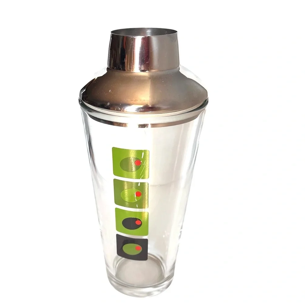 MCM Kitsch VTG Glass Olive Graphics Chrome Cocktail Shaker Martini Mixer**READ